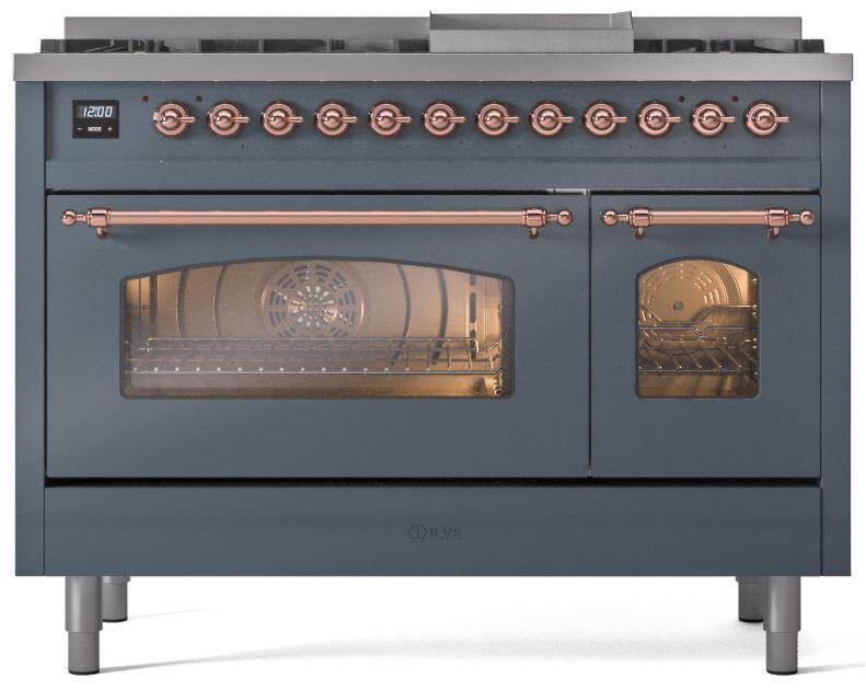 Ilve UP48FNMPBGP Nostalgie Ii 48 Inch Dual Fuel Natural Gas Freestanding Range In Blue Grey With Copper Trim