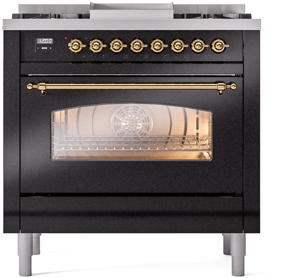 Ilve UP36FNMPBKG Nostalgie Ii 36 Inch Dual Fuel Natural Gas Freestanding Range In Glossy Black With Brass Trim