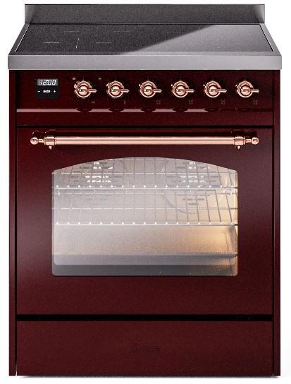 Ilve UPI304NMPBUP Nostalgie Ii 30 Inch Electric Freestanding Range In Burgundy With Copper Trim