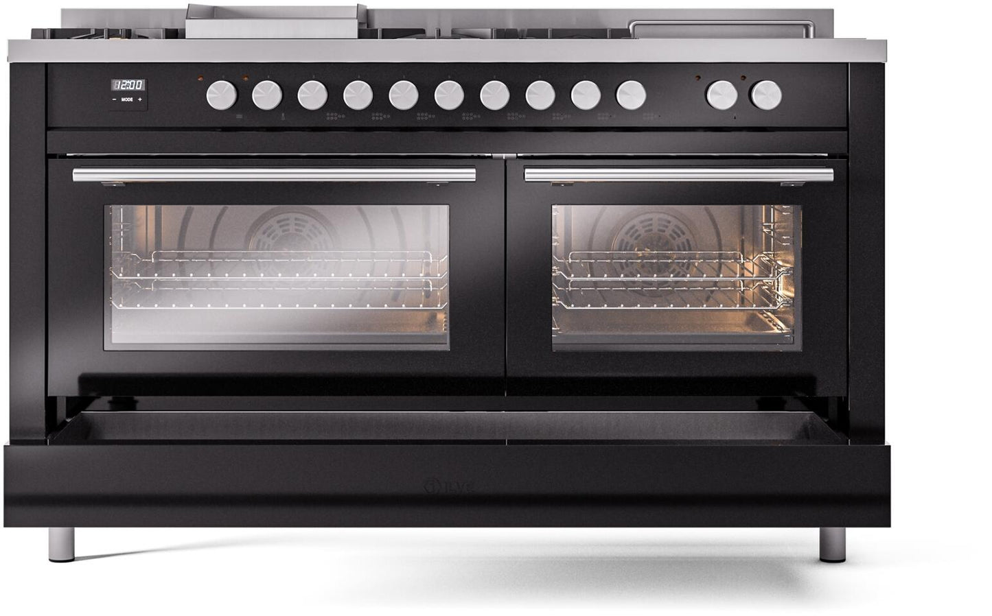 Ilve UP60FSWMPBK Professional Plus Ii 60 Inch Dual Fuel Natural Gas Freestanding Range In Glossy Black With Trim