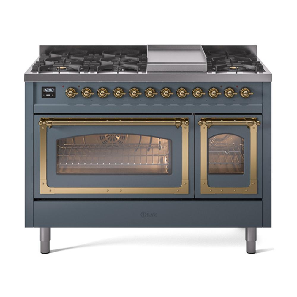 Ilve UN48FNMPBGG Ilve Un48Fnmpbgg Nostalgie Ii Noblesse 48" Dual Fuel Range (8 Sealed Burners + Griddle, Natural Gas, Triple Glass Door, Blue Grey, Brass)