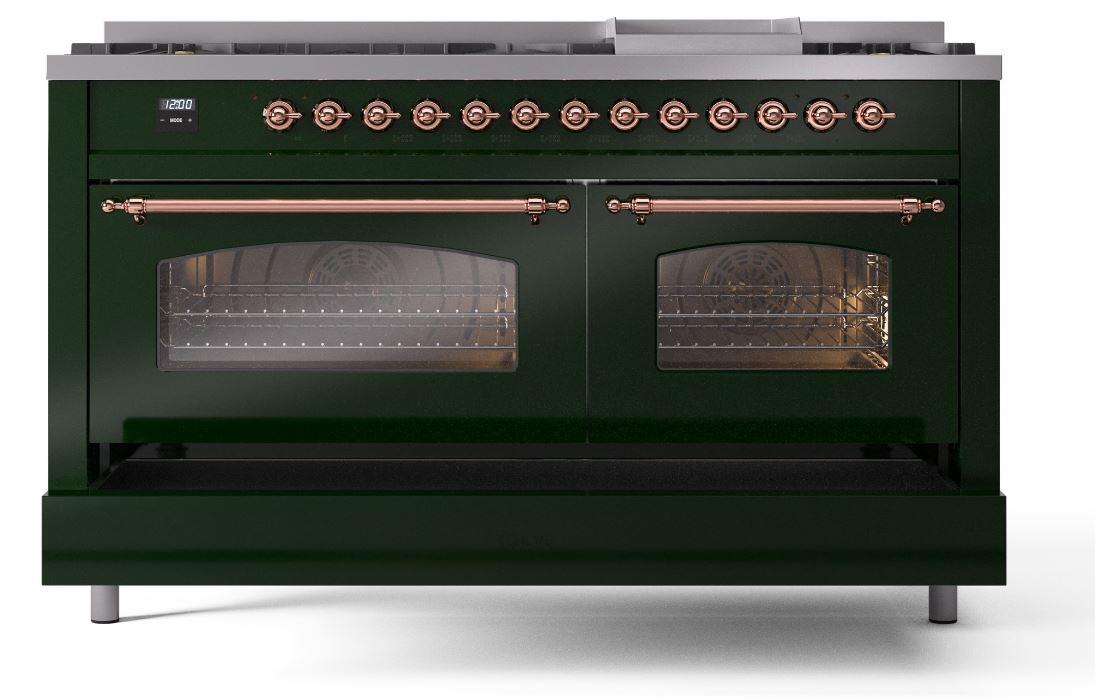 Ilve UP60FNMPEGPLP Nostalgie Ii 60 Inch Dual Fuel Liquid Propane Freestanding Range In Emerald Green With Copper Trim