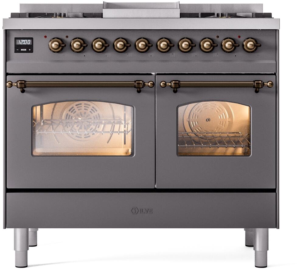 Ilve UPD40FNMPMGB Nostalgie Ii 40 Inch Dual Fuel Natural Gas Freestanding Range In Matte Graphite With Bronze Trim