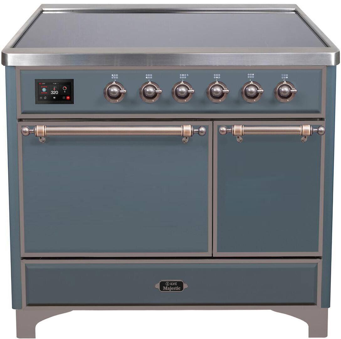 Ilve UMDI10QNS3BGB Majestic Ii 40 Inch Electric Freestanding Range In Blue Grey With Bronze Trim