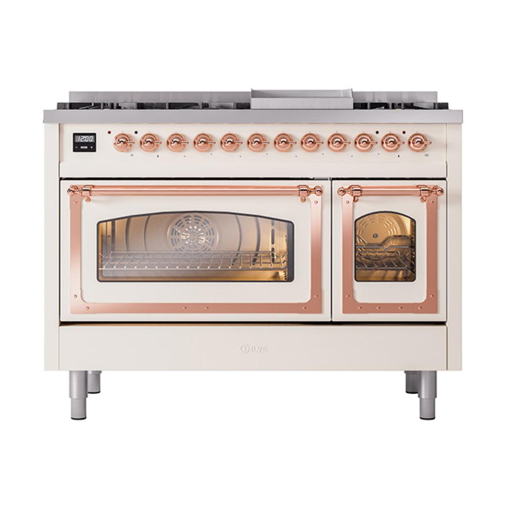 Ilve UN48FNMPAWPLP Ilve Un48Fnmpawplp Nostalgie Ii Noblesse 48" Dual Fuel Range (8 Sealed Burners + Griddle, Liquid Propane, Triple Glass Door, Antique White, Copper)