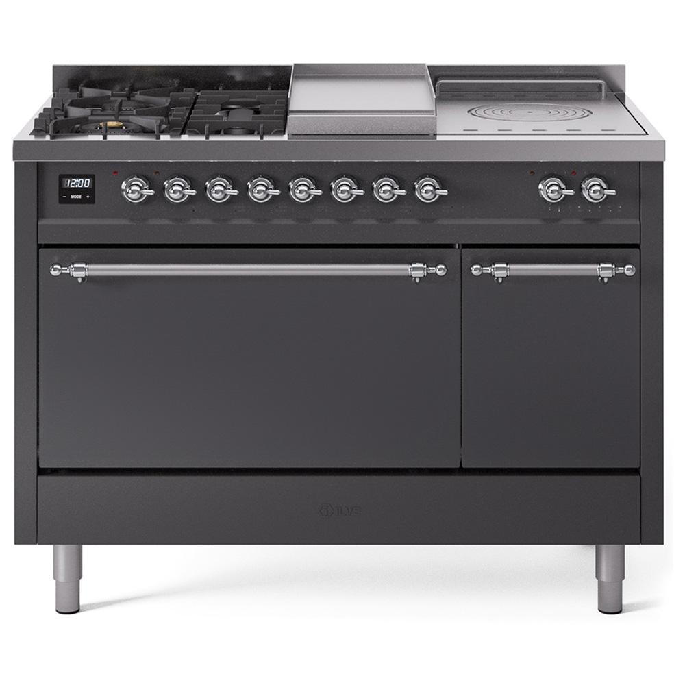 Ilve UP48FSQNMPMGC Ilve Nostalgie Ii 48 Up48Fsqnmpmgc Freestanding Dual Fuel Range With 5 Sealed Burners And French Top Double Oven With Solid Door In Graphite Matte With Chrome Knobs