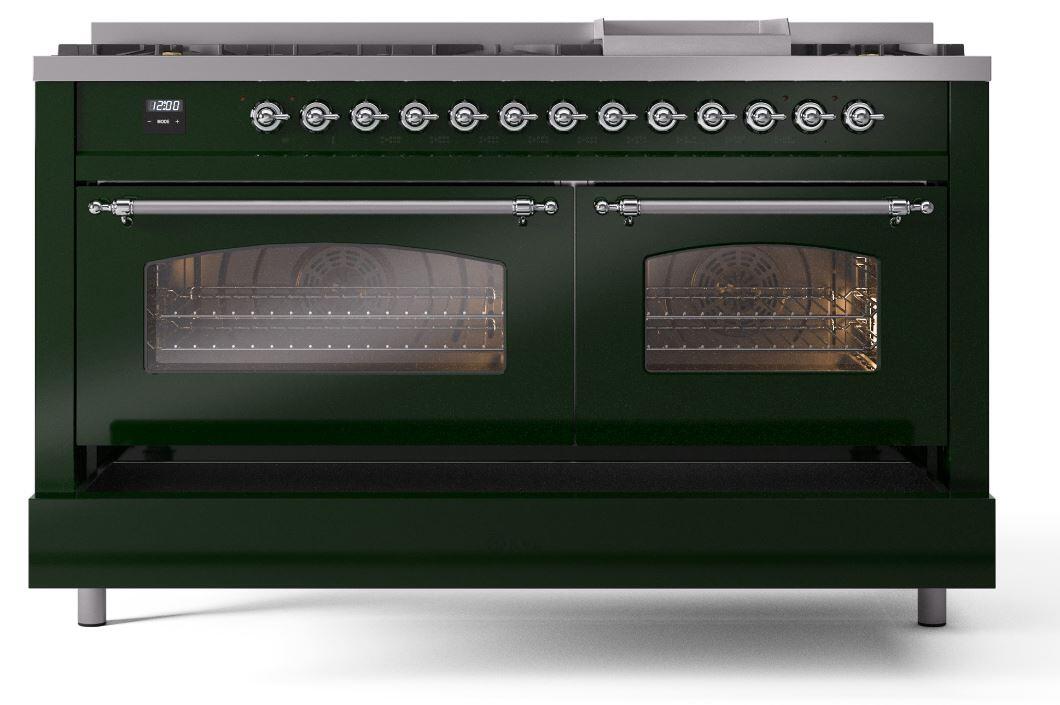 Ilve UP60FNMPEGC Nostalgie Ii 60 Inch Dual Fuel Natural Gas Freestanding Range In Emerald Green With Chrome Trim