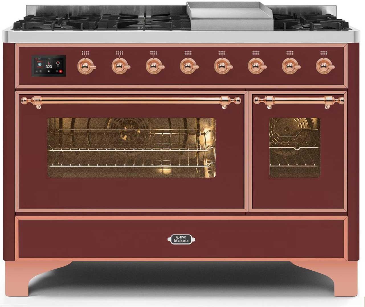 Ilve UM12FDNS3BUPLP Majestic Ii 48 Inch Dual Fuel Liquid Propane Freestanding Range In Burgundy With Copper Trim