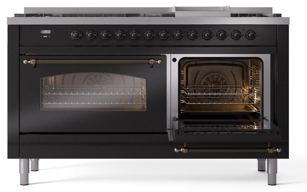 Ilve UP60FNMPBKBLP Nostalgie Ii 60 Inch Dual Fuel Liquid Propane Freestanding Range In Glossy Black With Bronze Trim