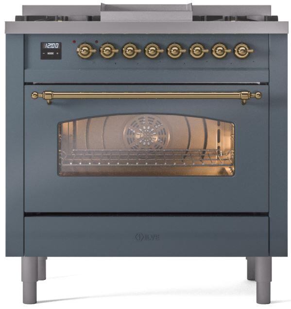 Ilve UP36FNMPBGG Nostalgie Ii 36 Inch Dual Fuel Natural Gas Freestanding Range In Blue Grey With Brass Trim