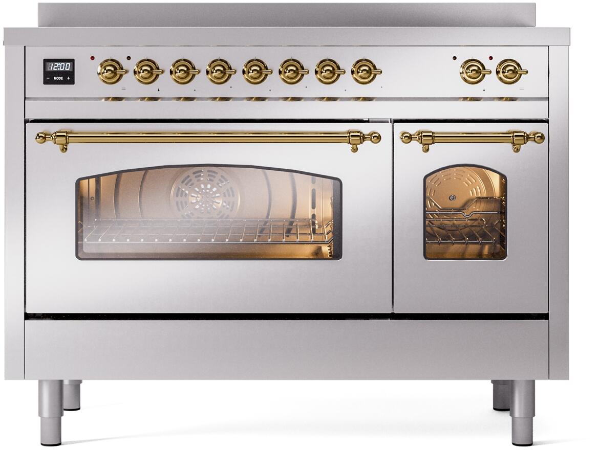 Ilve UPI486NMPSSG Nostalgie Ii 48 Inch Electric Freestanding Range In Stainless Steel With Brass Trim