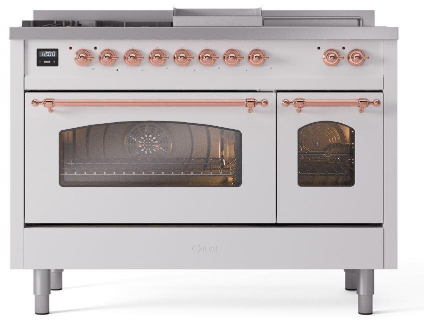 Ilve UP48FSNMPWHPLP Nostalgie Ii 48 Inch Dual Fuel Liquid Propane Freestanding Range In White With Copper Trim