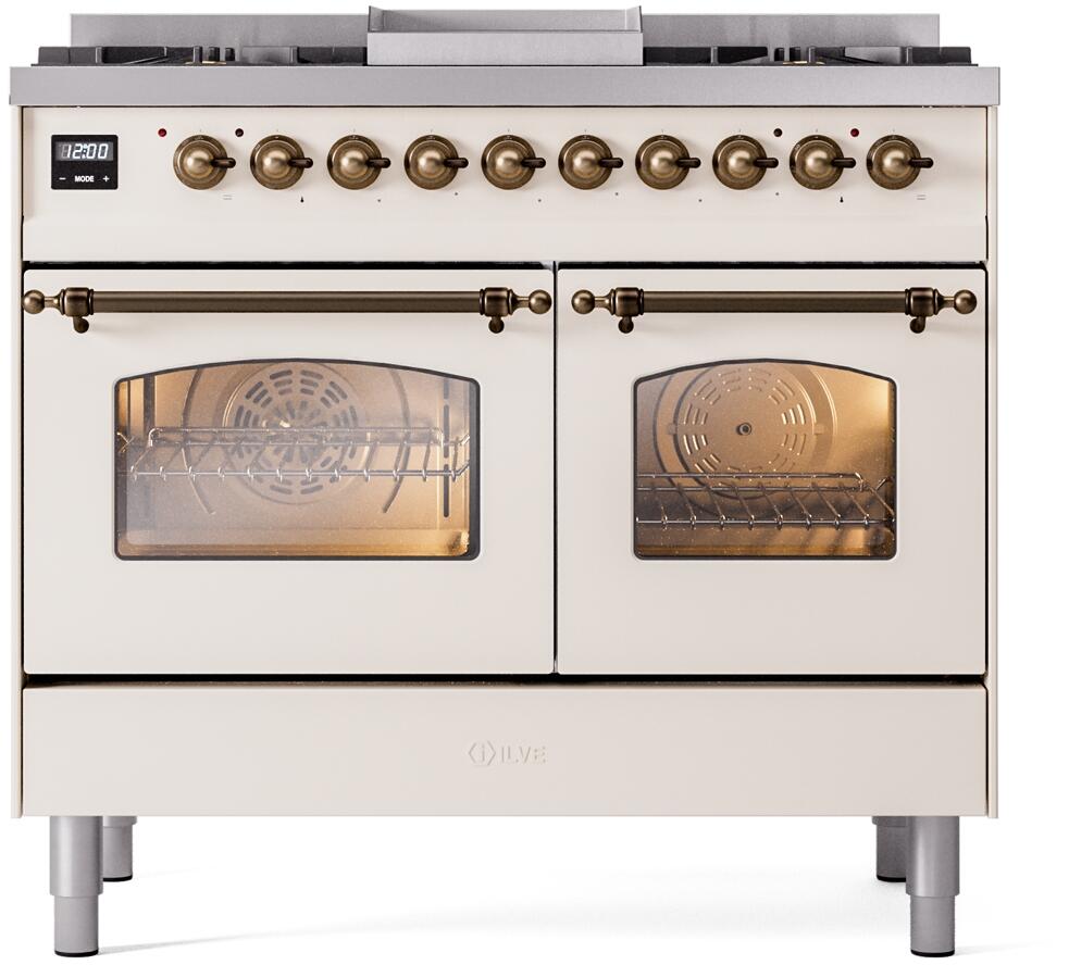 Ilve UPD40FNMPAWBLP Nostalgie Ii 40 Inch Dual Fuel Liquid Propane Freestanding Range In Antique White With Bronze Trim