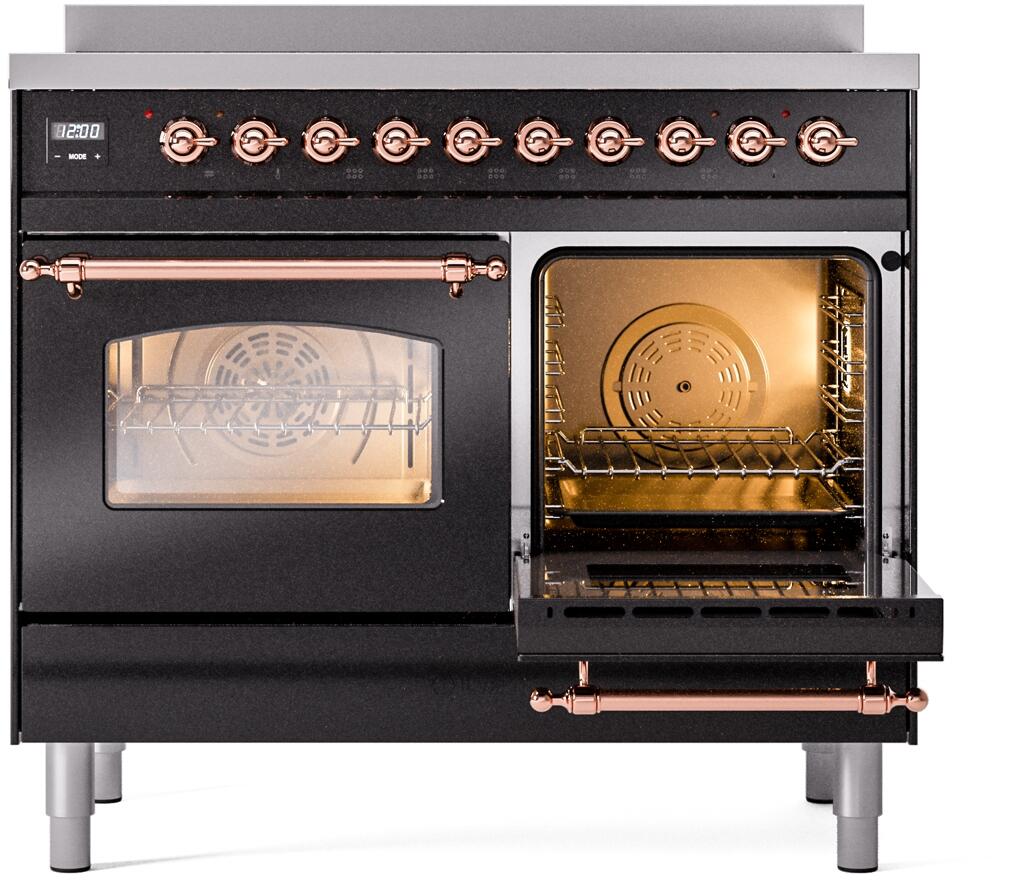 Ilve UPDI406NMPBKP Nostalgie Ii 40 Inch Electric Freestanding Range In Glossy Black With Copper Trim