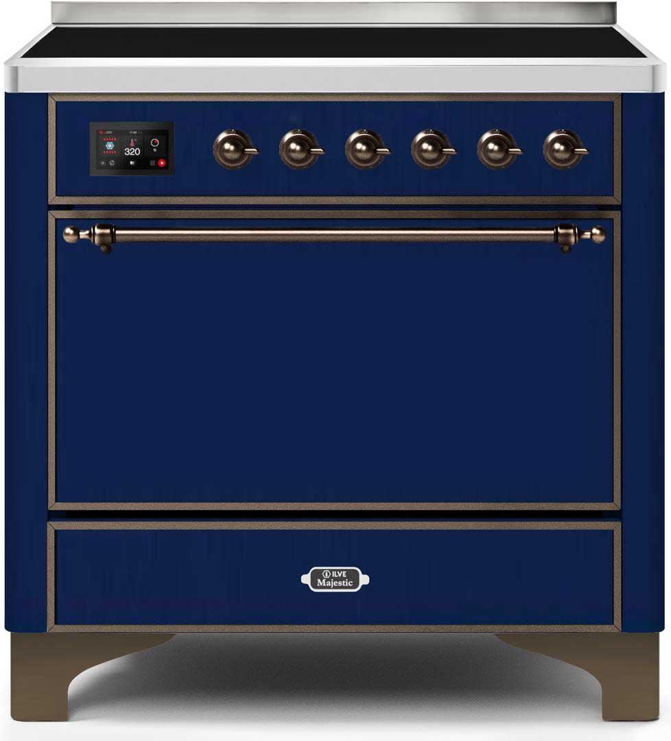 Ilve UMI09QNS3MBB Majestic Ii 36 Inch Electric Freestanding Range In Blue With Bronze Trim