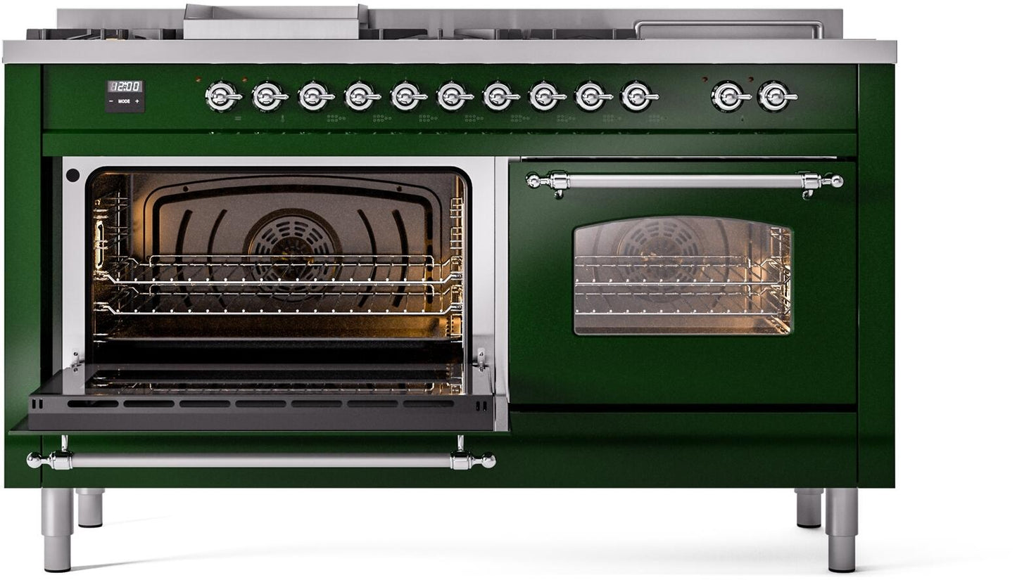 Ilve UP60FSNMPEGC Nostalgie Ii 60 Inch Dual Fuel Natural Gas Freestanding Range In Emerald Green With Chrome Trim