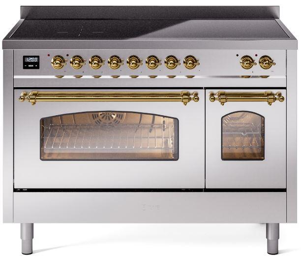 Ilve UPI486NMPSSG Nostalgie Ii 48 Inch Electric Freestanding Range In Stainless Steel With Brass Trim