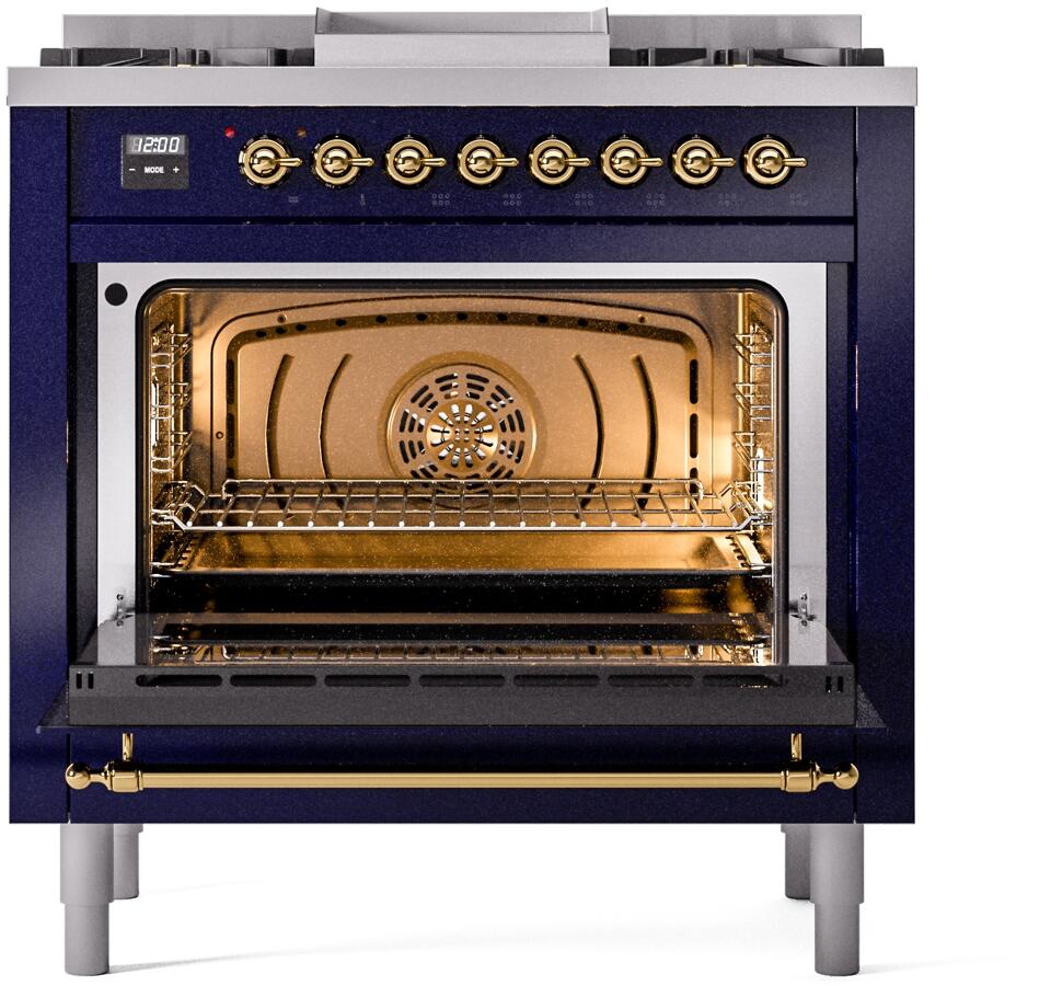 Ilve UP36FNMPMBG Nostalgie Ii 36 Inch Dual Fuel Natural Gas Freestanding Range In Blue With Brass Trim