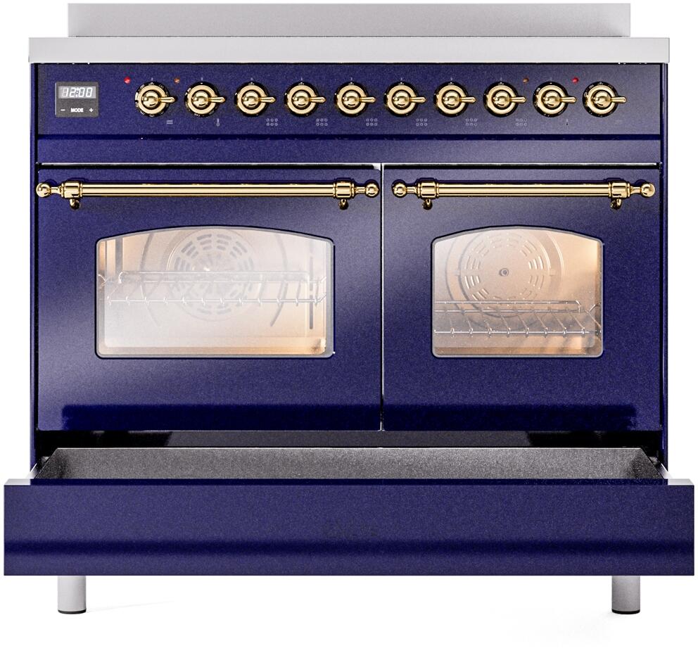 Ilve UPDI406NMPMBG Nostalgie Ii 40 Inch Electric Freestanding Range In Blue With Brass Trim