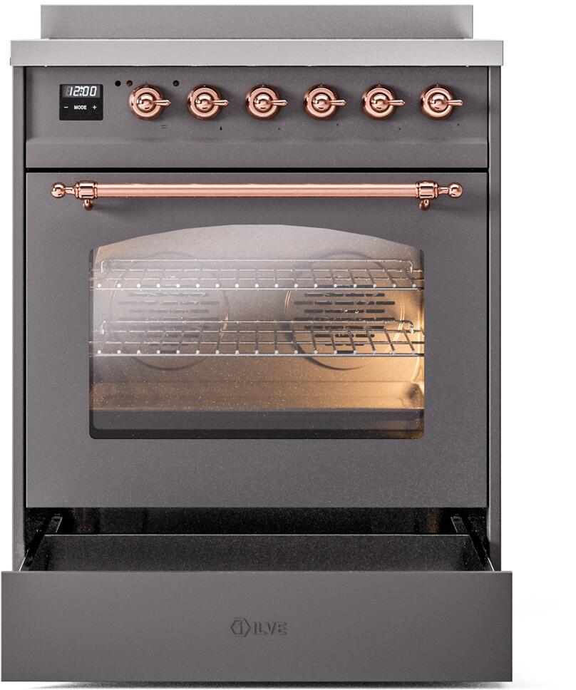 Ilve UPI304NMPMGP Nostalgie Ii 30 Inch Electric Freestanding Range In Matte Graphite With Copper Trim