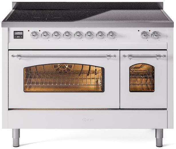 Ilve UPI486NMPWHC Nostalgie Ii 48 Inch Electric Freestanding Range In White With Chrome Trim