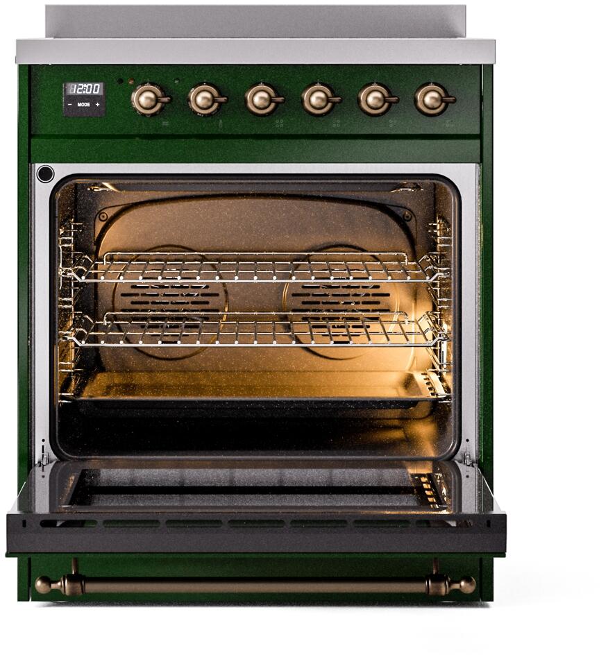 Ilve UPI304NMPEGB Nostalgie Ii 30 Inch Electric Freestanding Range In Emerald Green With Bronze Trim