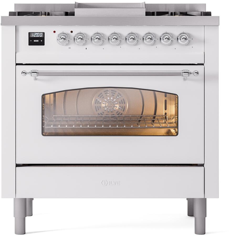 Ilve UP36FNMPWHCLP Nostalgie Ii 36 Inch Dual Fuel Liquid Propane Freestanding Range In White With Chrome Trim