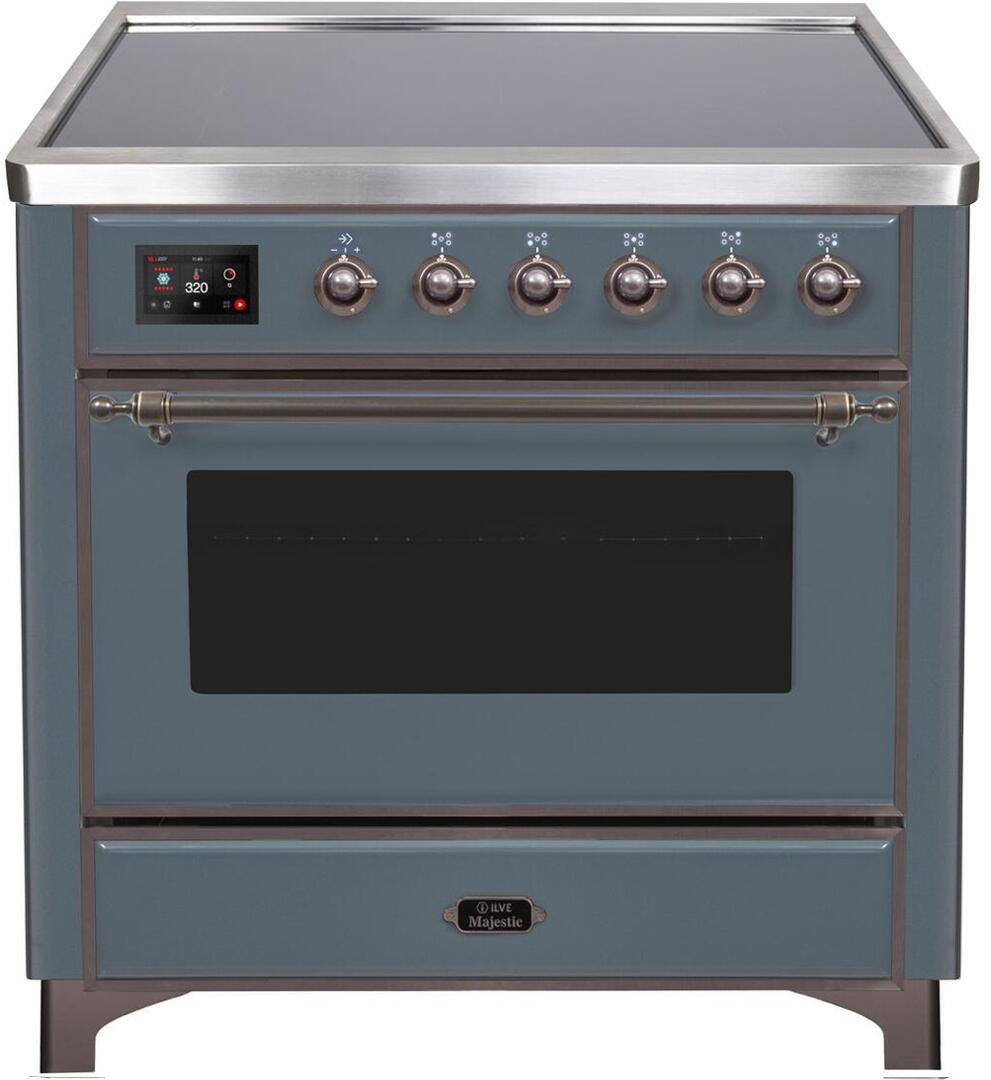 Ilve UMI09NS3BGB Majestic Ii 36 Inch Electric Freestanding Range In Blue Grey With Bronze Trim