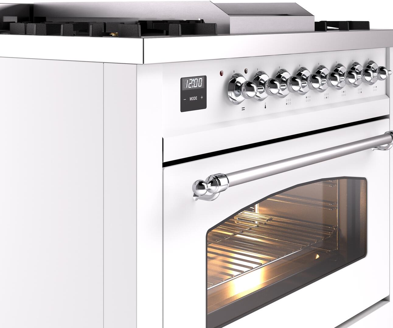 Ilve UP36FNMPWHC Nostalgie Ii 36 Inch Dual Fuel Natural Gas Freestanding Range In White With Chrome Trim