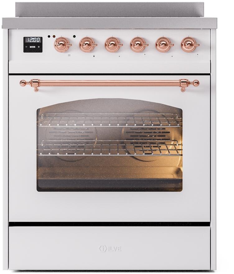 Ilve UPI304NMPWHP Nostalgie Ii 30 Inch Electric Freestanding Range In White With Copper Trim