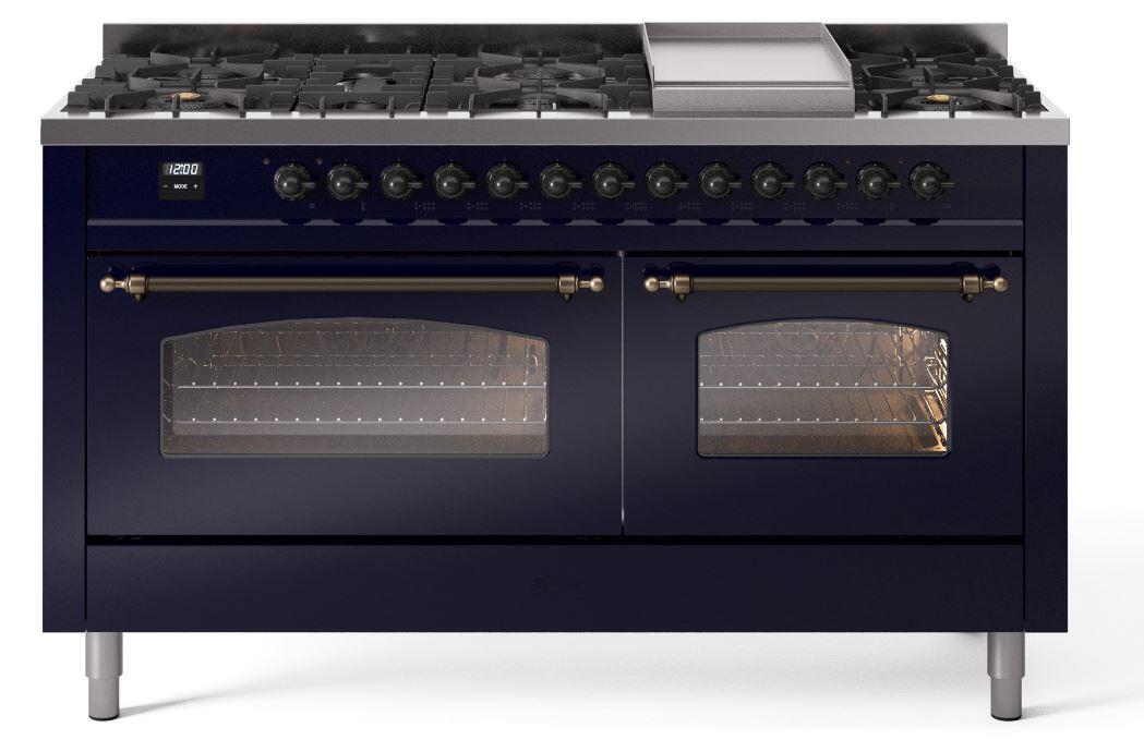 Ilve UP60FNMPMBBLP Nostalgie Ii 60 Inch Dual Fuel Liquid Propane Freestanding Range In Blue With Bronze Trim