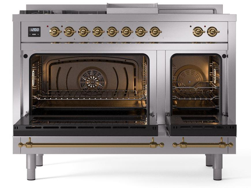 Ilve UP48FSNMPSSG Nostalgie Ii 48 Inch Dual Fuel Natural Gas Freestanding Range In Stainless Steel With Brass Trim