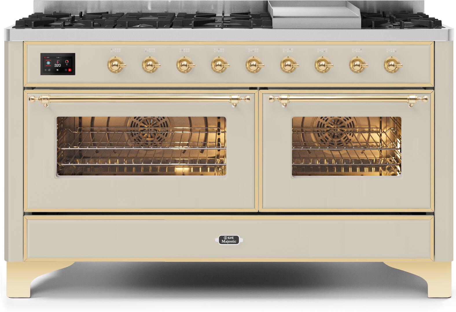 Ilve UM15FDNS3AWG Majestic Ii 60 Inch Dual Fuel Natural Gas Freestanding Range In Antique White With Brass Trim