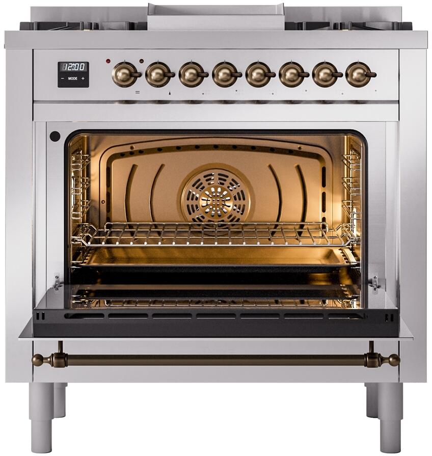 Ilve UP36FNMPSSBLP Nostalgie Ii 36 Inch Dual Fuel Liquid Propane Freestanding Range In Stainless Steel With Bronze Trim