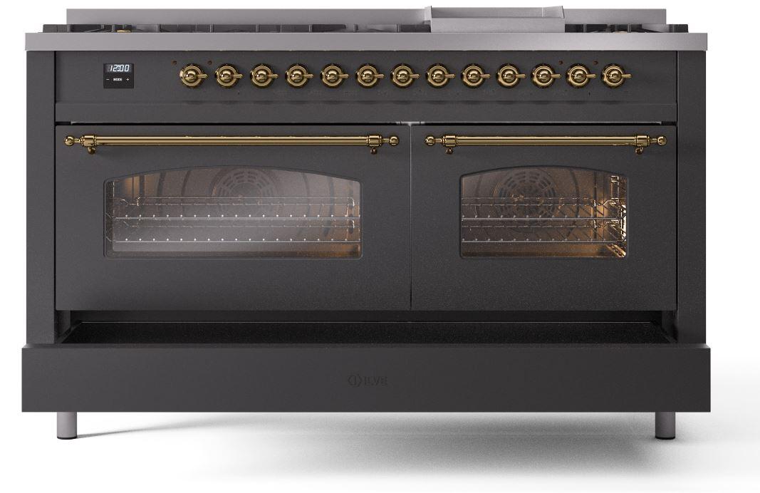 Ilve UP60FNMPMGG Nostalgie Ii 60 Inch Dual Fuel Natural Gas Freestanding Range In Matte Graphite With Brass Trim