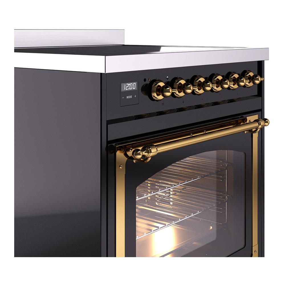 Ilve UNI304NMPBKG Ilve Uni304Nmpbkg Nostalgie Ii Noblesse 30" Induction Range (Triple Glass Door, Glossy Black, Brass)