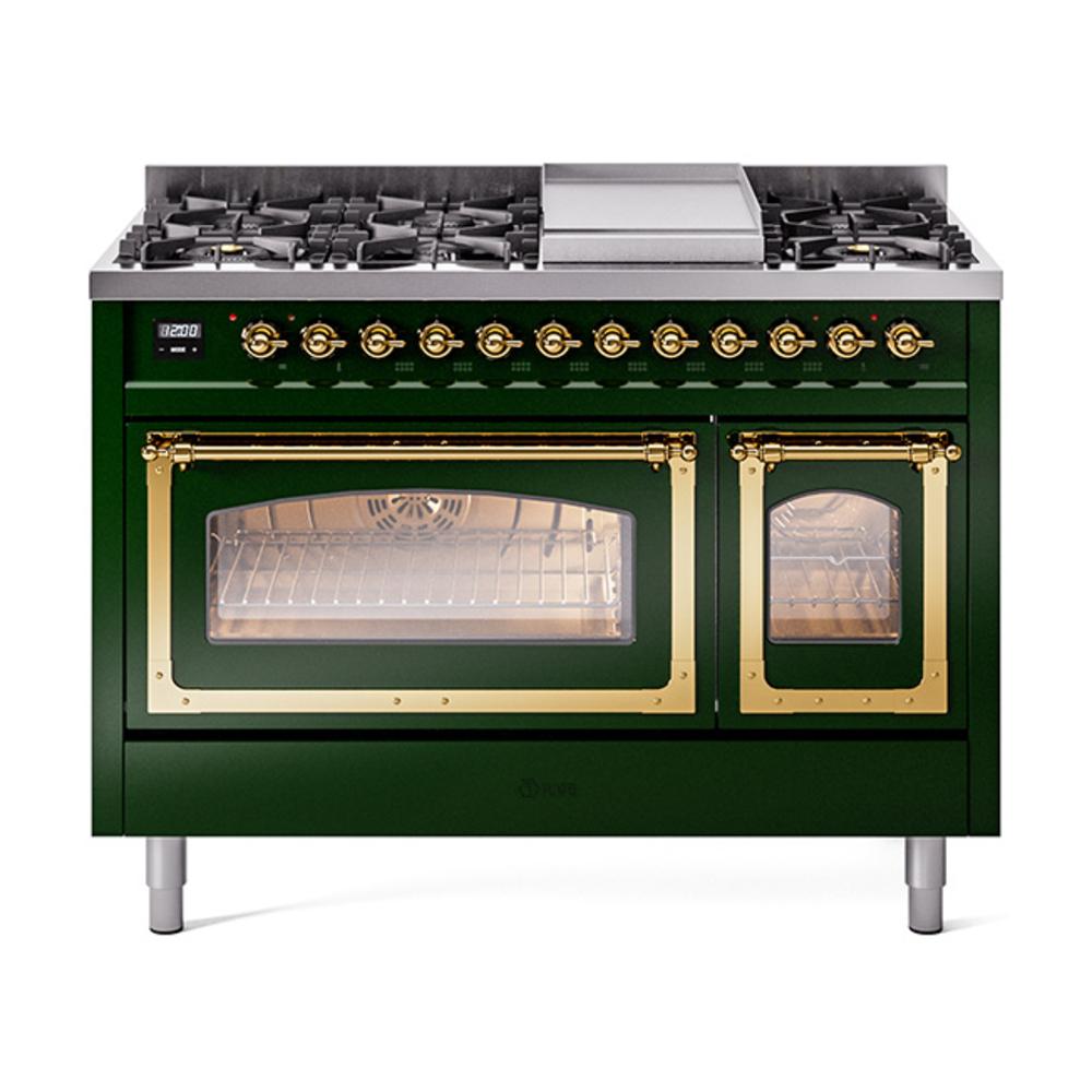 Ilve UN48FNMPEGG Ilve Un48Fnmpegg Nostalgie Ii Noblesse 48" Dual Fuel Range (8 Sealed Burners + Griddle, Natural Gas, Triple Glass Door, Emerald Green, Brass)