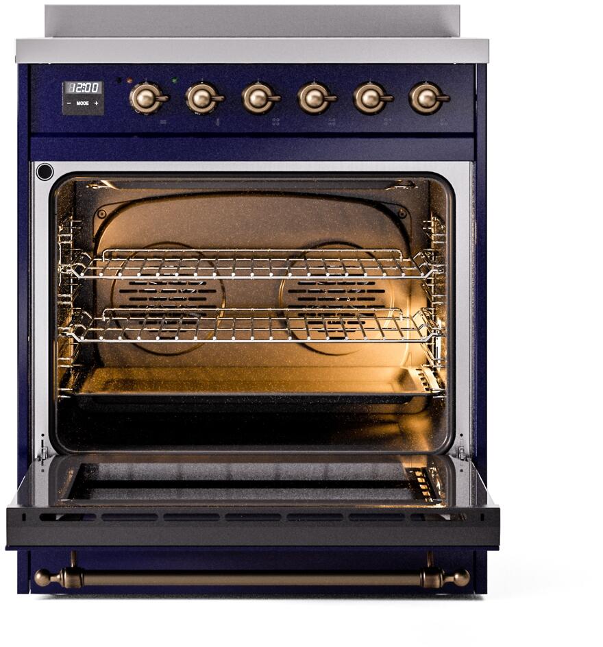 Ilve UPI304NMPMBB Nostalgie Ii 30 Inch Electric Freestanding Range In Blue With Bronze Trim