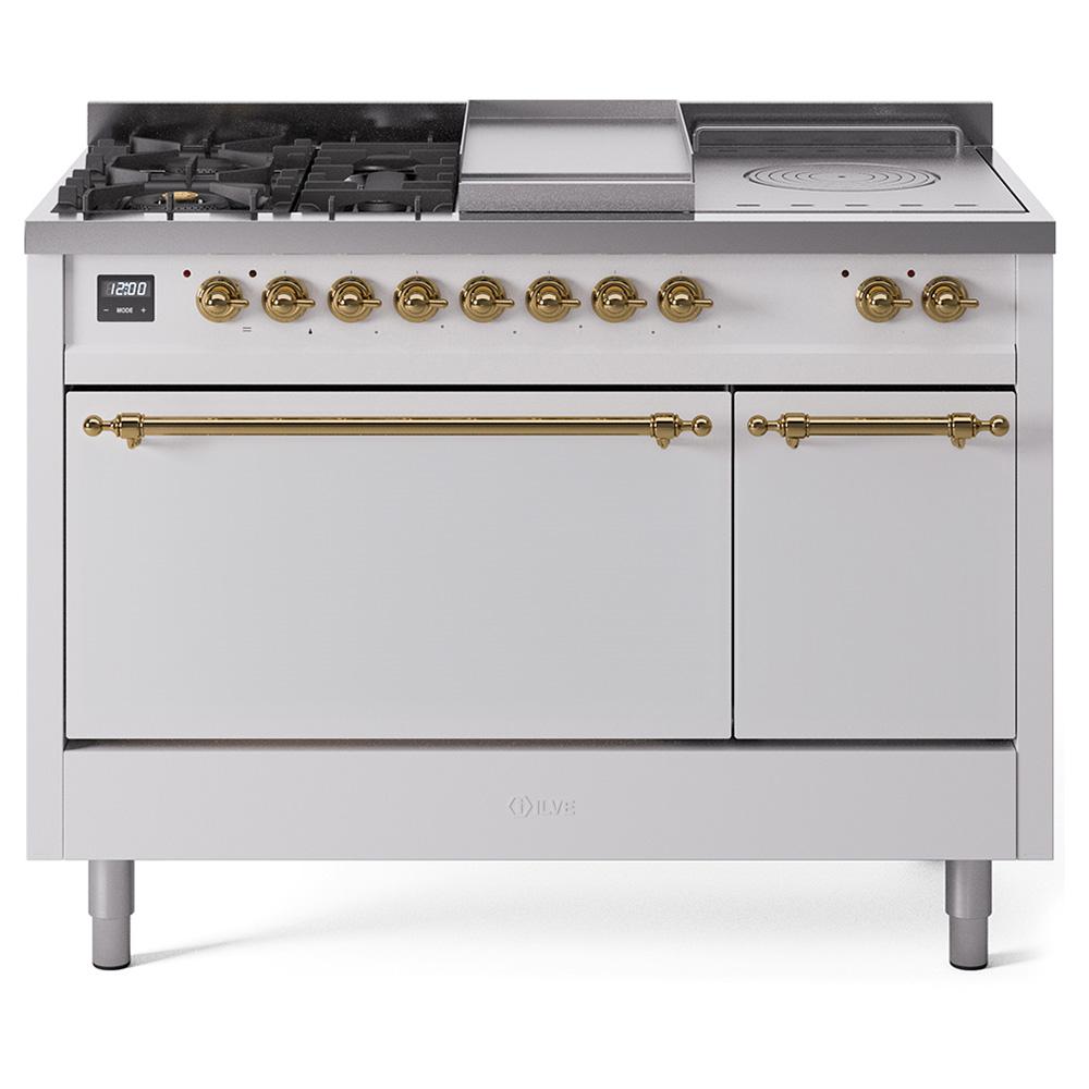 Ilve UP48FSQNMPWHGLP Ilve Nostalgie Ii 48 Up48Fsqnmpwhg Freestanding Dual Fuel Range With 5 Sealed Burners And French Top Double Oven With Solid Door In White With Brass Knobs