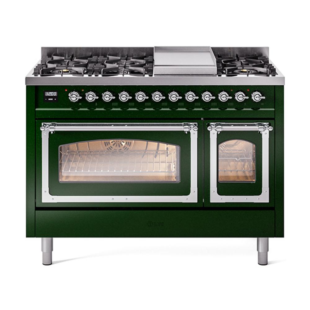 Ilve UN48FNMPEGCLP Ilve Un48Fnmpegclp Nostalgie Ii Noblesse 48" Dual Fuel Range (8 Sealed Burners + Griddle, Liquid Propane, Triple Glass Door, Emerald Green, Chrome)