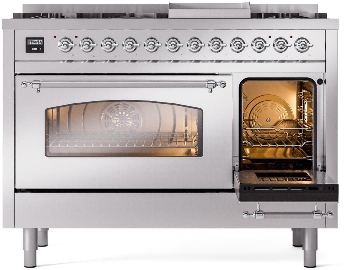 Ilve UP48FNMPSSC Nostalgie Ii 48 Inch Dual Fuel Natural Gas Freestanding Range In Stainless Steel With Chrome Trim