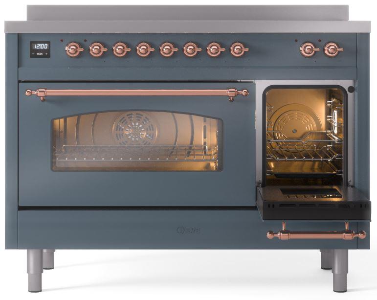 Ilve UPI486NMPBGP Nostalgie Ii 48 Inch Electric Freestanding Range In Blue Grey With Copper Trim