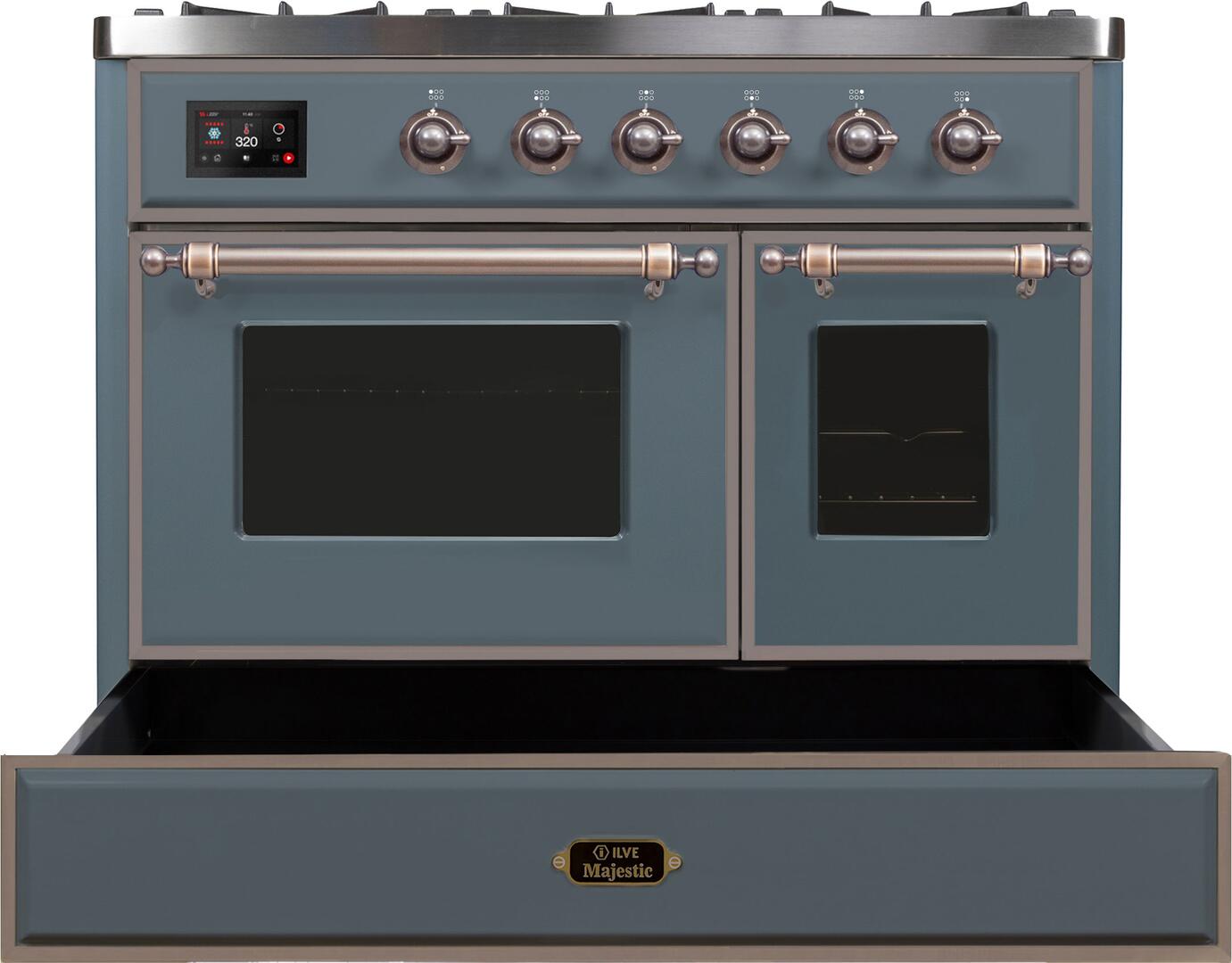 Ilve UMD10FDNS3BGBLP Majestic Ii 40 Inch Dual Fuel Liquid Propane Freestanding Range In Blue Grey With Bronze Trim