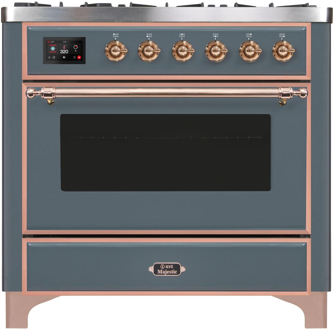 Ilve UM09FDNS3BGPLP Majestic Ii 36 Inch Dual Fuel Liquid Propane Freestanding Range In Blue Grey With Copper Trim