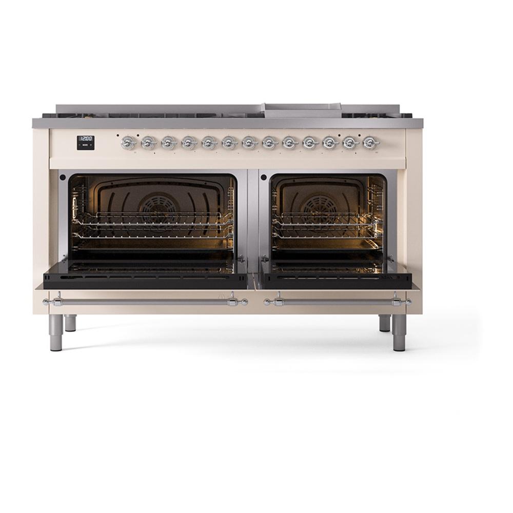 Ilve UN60FNMPAWC Ilve Un60Fnmpawc Nostalgie Ii Noblesse 60" Dual Fuel Range (9 Sealed Burners + Griddle, Natural Gas, Triple Glass Door, Antique White, Chrome)