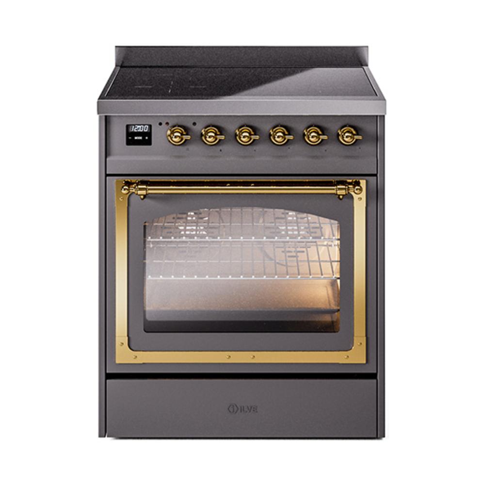 Ilve UNI304NMPMGG Ilve Uni304Nmpmgg Nostalgie Ii Noblesse 30" Induction Range (Triple Glass Door, Graphite Matte, Brass)