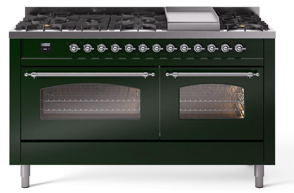 Ilve UP60FNMPEGC Nostalgie Ii 60 Inch Dual Fuel Natural Gas Freestanding Range In Emerald Green With Chrome Trim