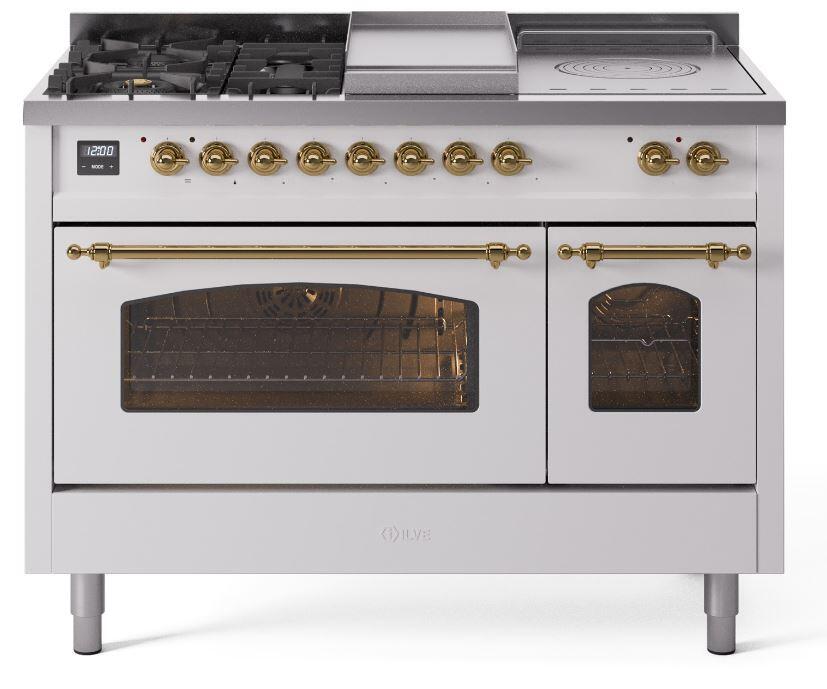 Ilve UP48FSNMPWHG Nostalgie Ii 48 Inch Dual Fuel Natural Gas Freestanding Range In White With Brass Trim