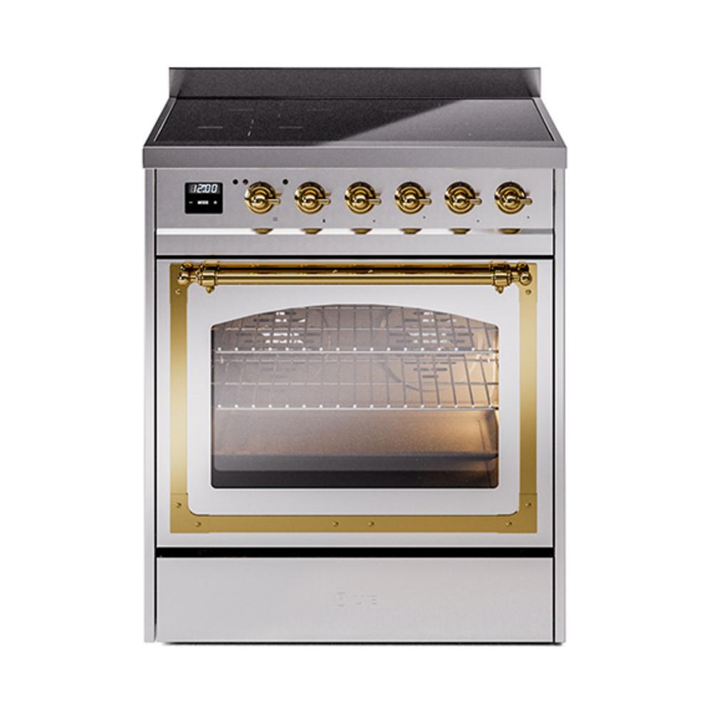 Ilve UNI304NMPSSG Ilve Uni304Nmpssg Nostalgie Ii Noblesse 30" Induction Range (Triple Glass Door, Stainless Steel, Brass)