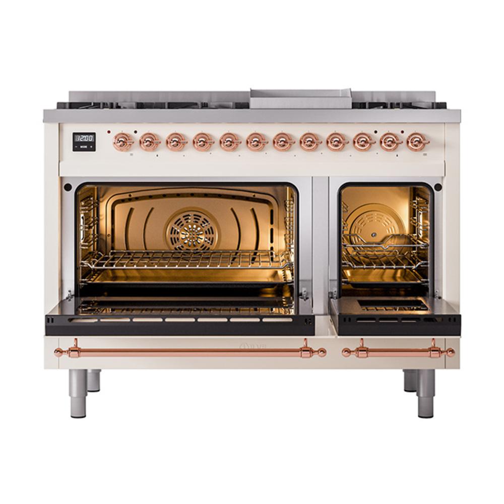 Ilve UN48FNMPAWPLP Ilve Un48Fnmpawplp Nostalgie Ii Noblesse 48" Dual Fuel Range (8 Sealed Burners + Griddle, Liquid Propane, Triple Glass Door, Antique White, Copper)